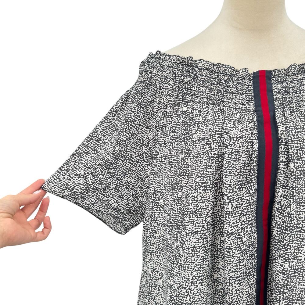 Rungolee Gray & White Print Center Stripe Smocked Off the Shoulder Mini Dress - Picture 4 of 12